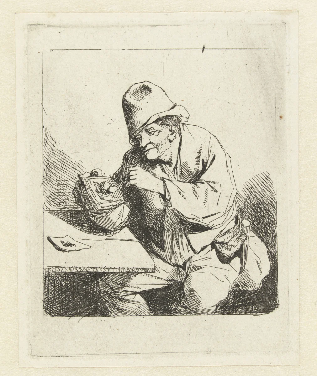 Zittende man steekt pijp aan by Cornelis Pietersz. Bega, print, 1642-1664