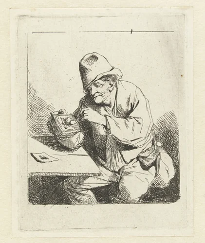 Zittende man steekt pijp aan by Cornelis Pietersz. Bega, print, 1642-1664