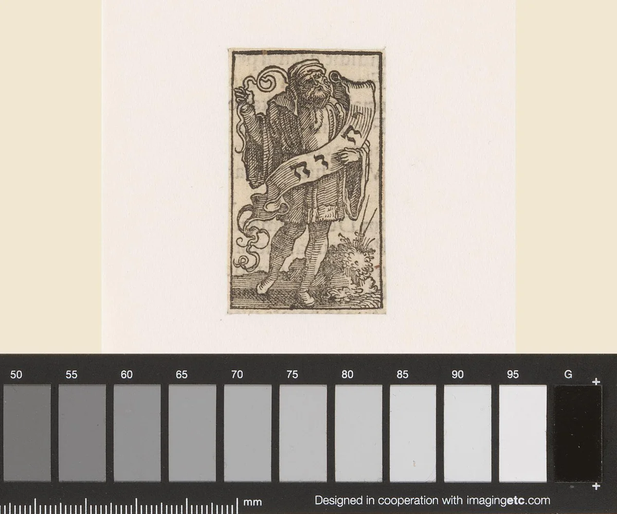 Man met banderol met de naam Jehova by anonymous, print, 1534