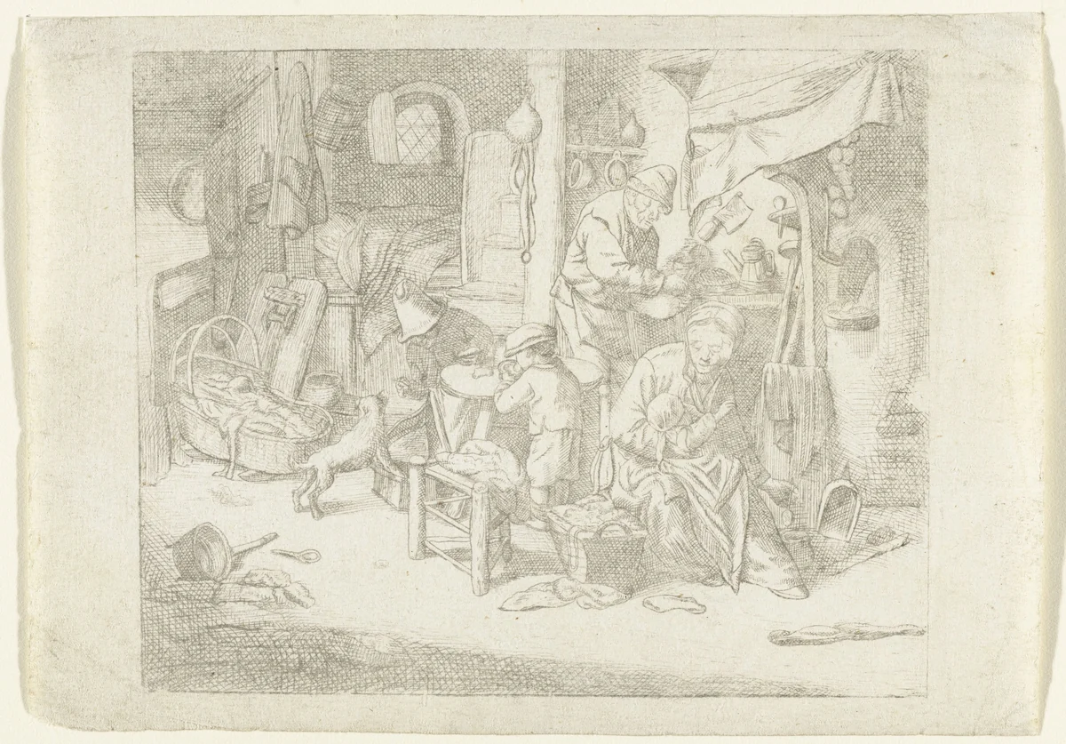 Boerengezin in interieur by anonymous, print, 1647-1745