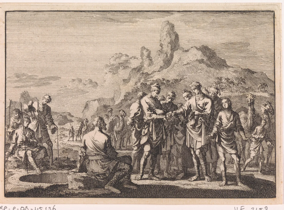 Jozef door zijn broers aan handelaren verkocht by Jan Luyken, print, 1704
