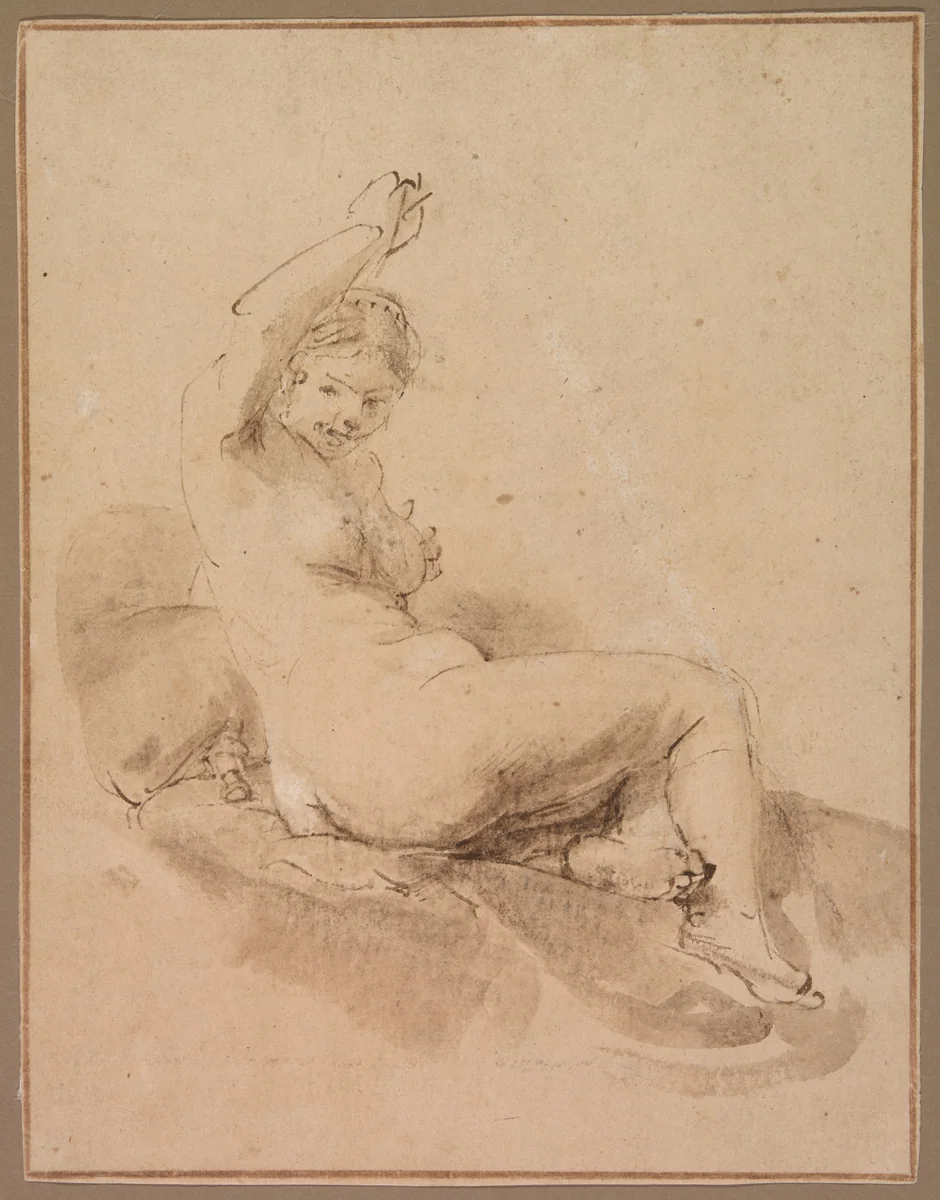 Female Nude Reclining with Arm Raised by Aert de Gelder, drawing, 1660-1669