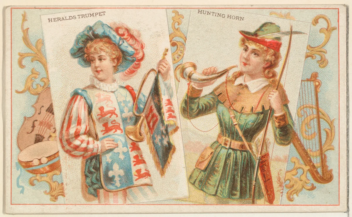 Heralds Trumpet and Hunting Horn, from the Musical Instruments series (N121) issued by Duke Sons & Co. to promote Honest Long Cut Tobacco by W. Duke, Sons & Co., print, 1888