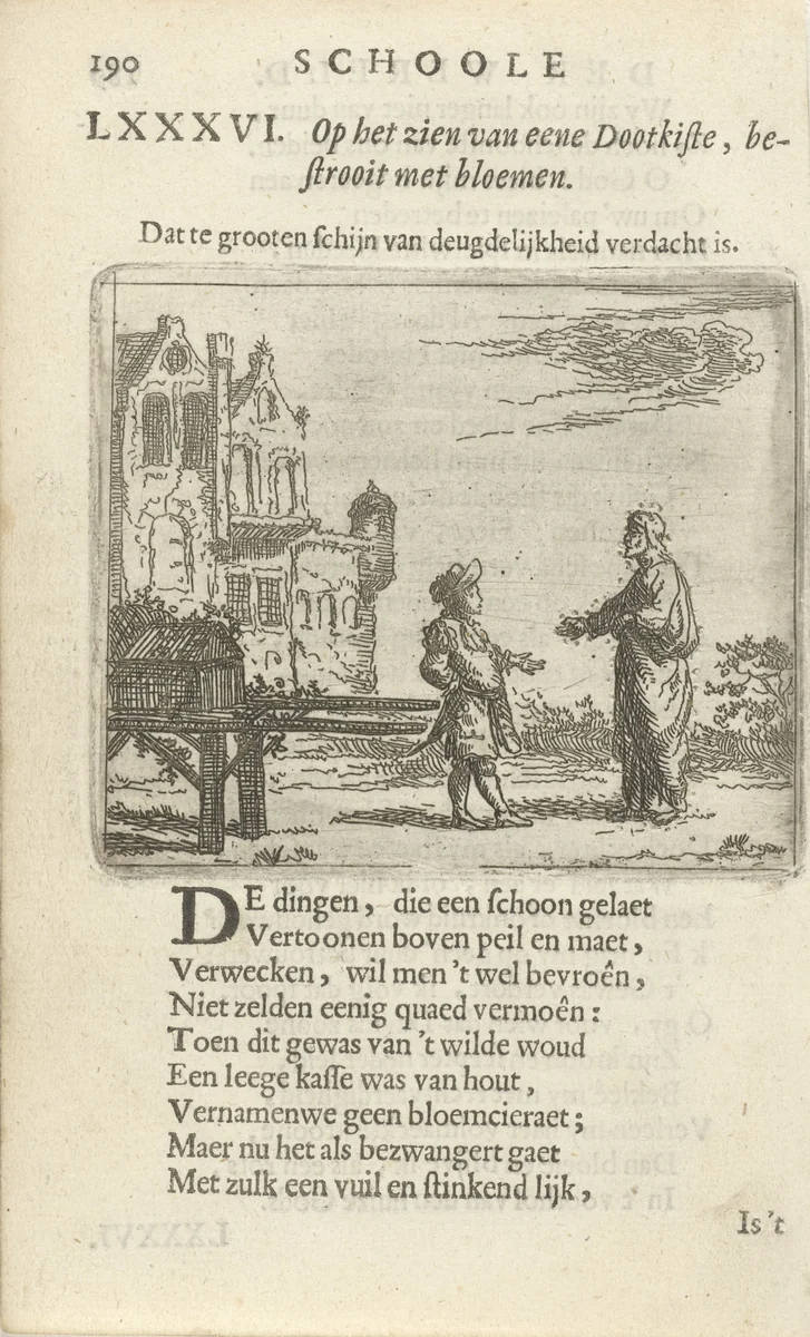 Twee figuren bij een doodskist op een draagbaar by Arnold Houbraken, print, 1682