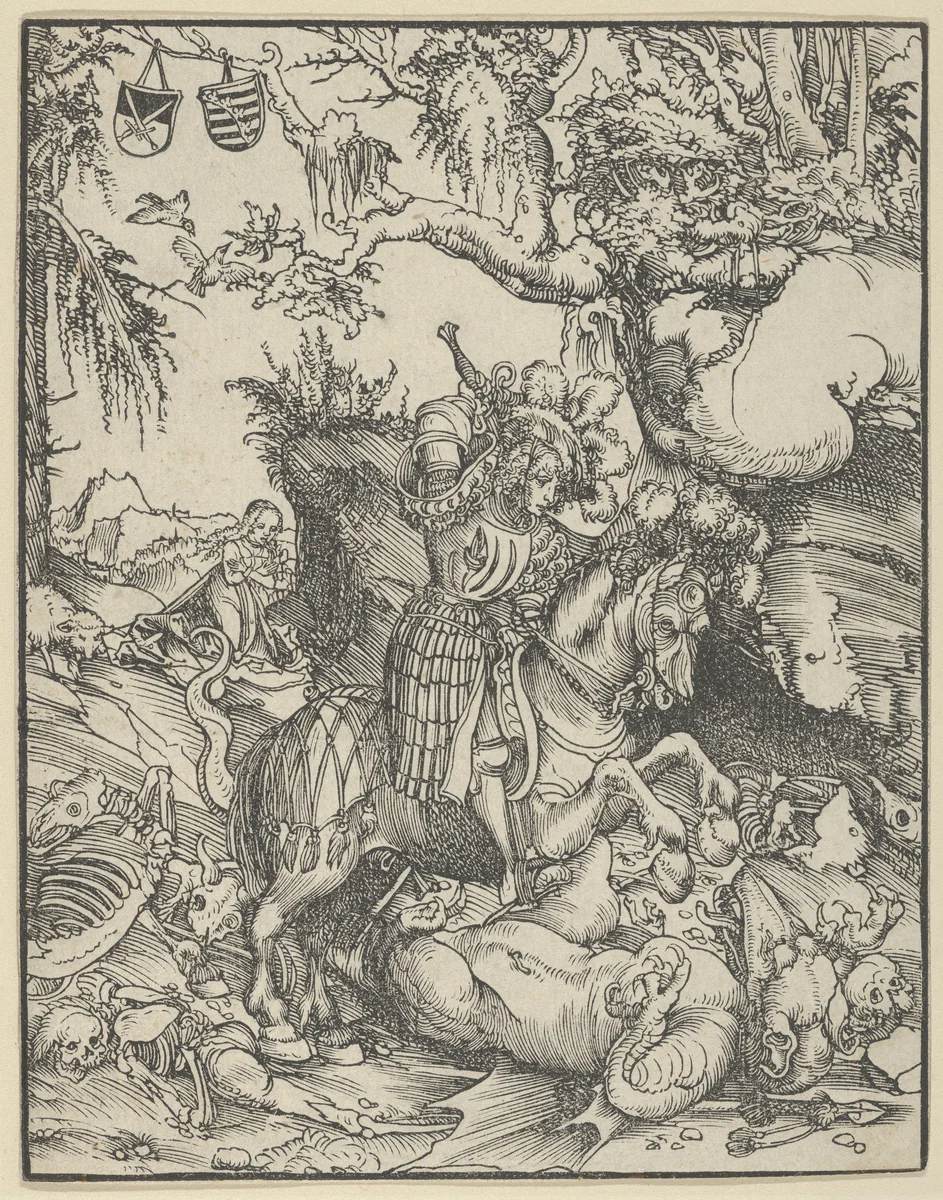 St. George on Horseback Slaying the Dragon by Lucas Cranach, print, 1472-1553