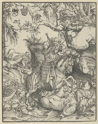 St. George on Horseback Slaying the Dragon by Lucas Cranach, print, 1472-1553