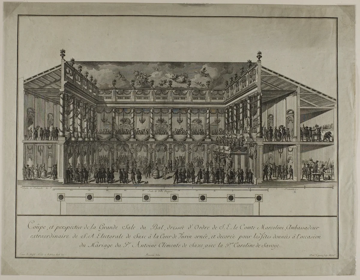 Side Elevation and Perspective of Grand Ballroom by Domenico Cagnoni, print, 1700-1800