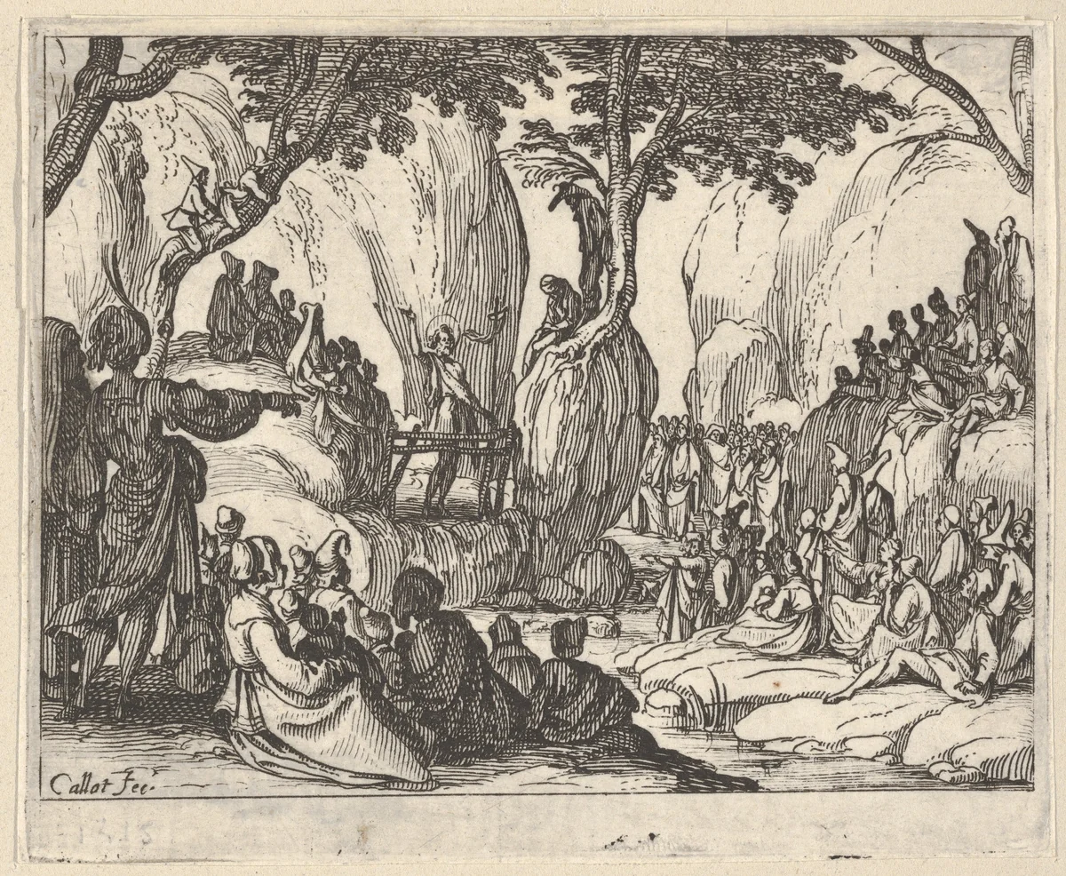 Saint John Preaching in the Desert (Saint Jean Préchant dans le Désert), with arm upraised, surrounded by male and female figures in a rocky setting by Jacques Callot, print, 1634-1635