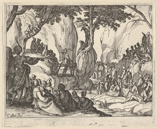 Saint John Preaching in the Desert (Saint Jean Préchant dans le Désert), with arm upraised, surrounded by male and female figures in a rocky setting by Jacques Callot, print, 1634-1635
