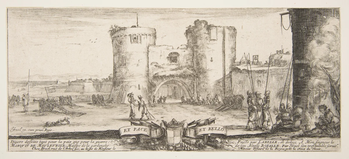 An entrance to a fortress in center, a woman with child seated by a fire to right, soldiers gather to right and in center, cannons in landscape to left, title page from "Peace and War" (Divers desseins tant pour la paix que pour la guerre) by Stefano della Bella, print, 1636-1646