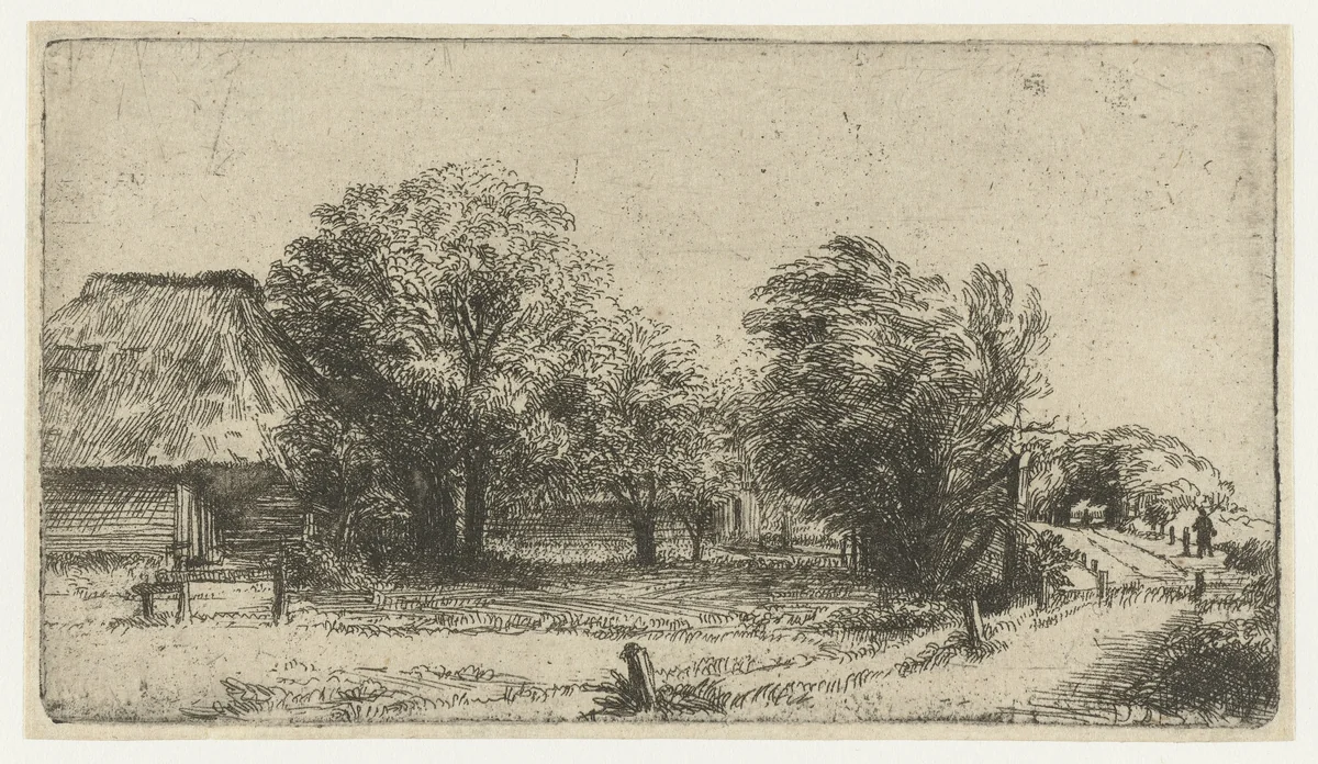 Boomgaard met een schuur by anonymous, print, 1630-1700