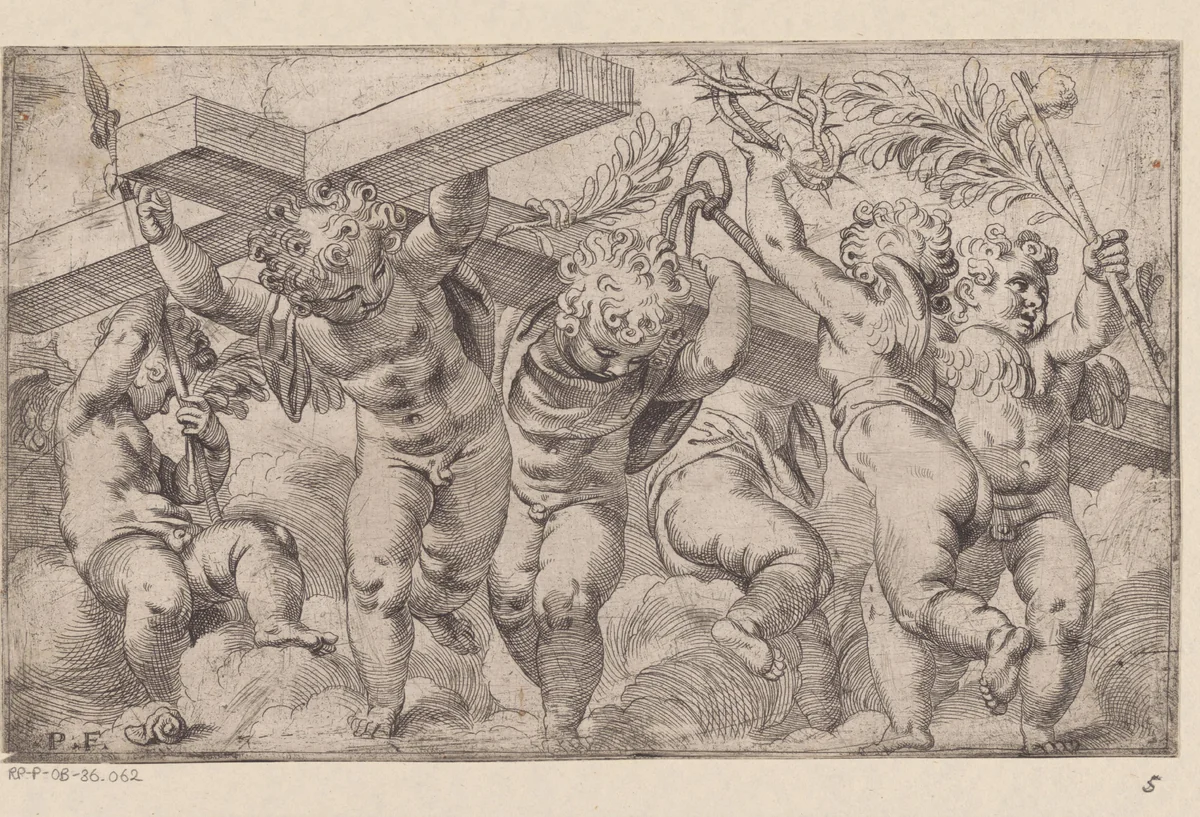Putti met passiewerktuigen by Unknown, print, 1534-1606