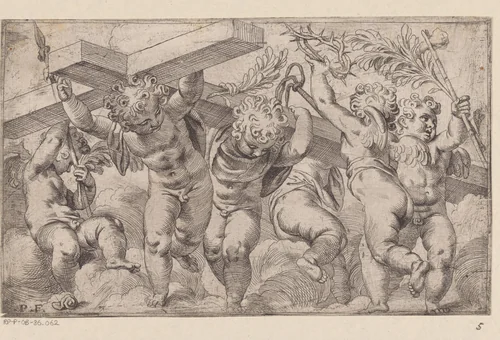 Putti met passiewerktuigen by Unknown, print, 1534-1606