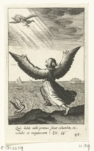 Kind met vleugels probeert te vliegen by Boëtius Adamsz. Bolswert, print, 1590-1624