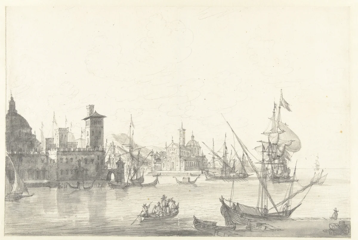 Fantasiegezicht op een zuidelijke havenstad by Jan Abrahamsz. Beerstraten, drawing, 1600-1699
