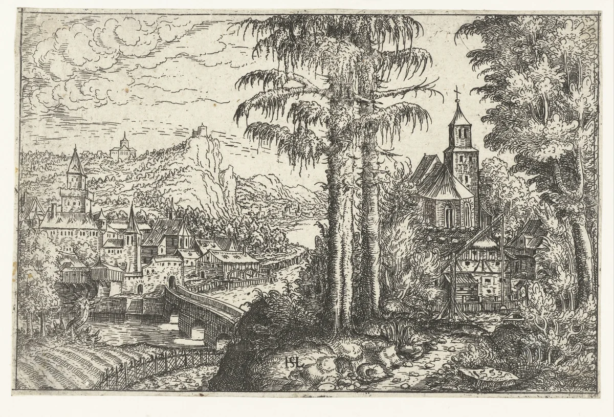 Landschap met kerk op berg en vergezicht met stad by Unknown, print, 1553