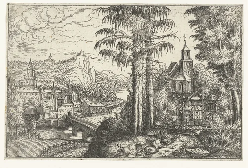 Landschap met kerk op berg en vergezicht met stad by Unknown, print, 1553