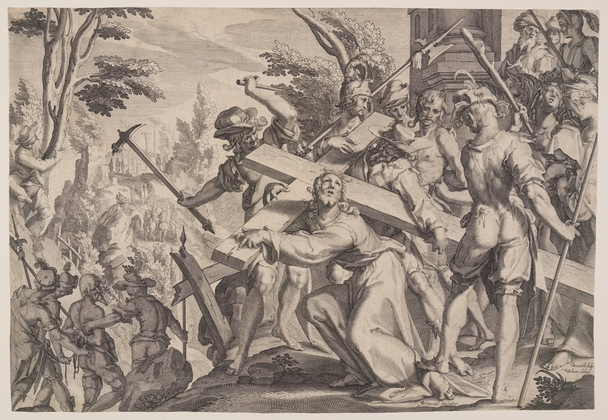 Christ Carrying the Cross, plate 4 from Thrones of Justice (Thronus Iustitiae) by Willem van Swanenburgh, print, 1606