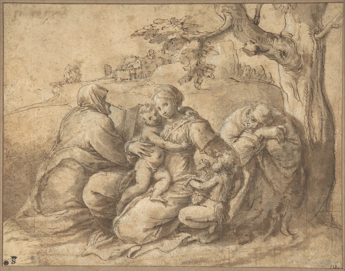 The Holy Family with Saint Elizabeth and the Infant John the Baptist by Polidoro da Caravaggio, drawing, 1520-1525