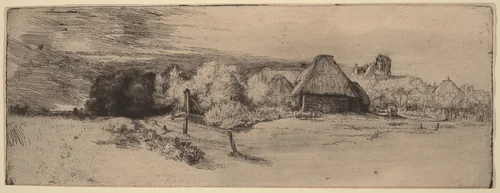 Landscape with Trees, Farm Buildings and a Tower by Rembrandt van Rijn, print, 1651