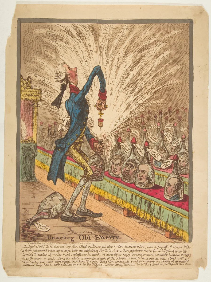 Uncorking Old Sherry by James Gillray, print, 1805