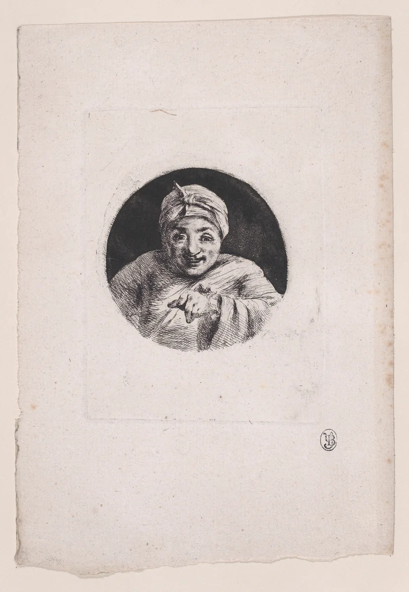 Bust of a man in night cap and gown by Dominique Vivant Denon, print, 1770-1825