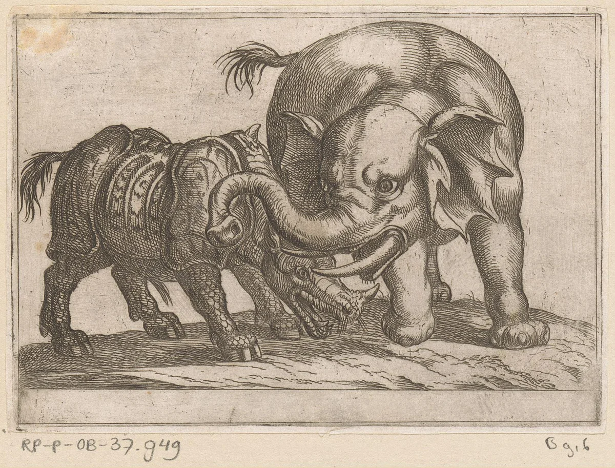 Een neushoorn vecht met een olifant by Antonio Tempesta, print, 1600