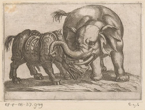 Een neushoorn vecht met een olifant by Antonio Tempesta, print, 1600