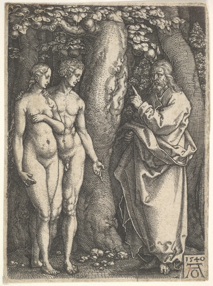 God at right forbidding the nude Adam and Eve at left to eat from the tree of knowledge in center, from "Adam and Eve" by Heinrich Aldegrever, print, 1540