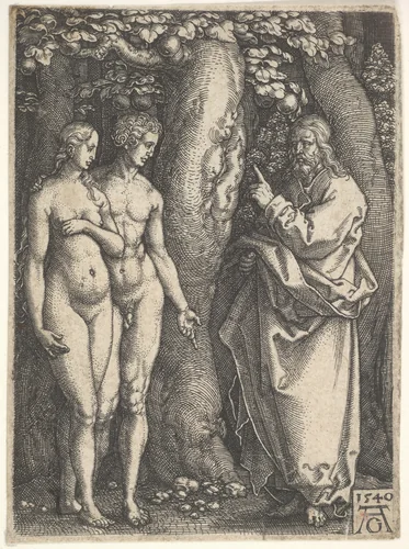God at right forbidding the nude Adam and Eve at left to eat from the tree of knowledge in center, from "Adam and Eve" by Heinrich Aldegrever, print, 1540
