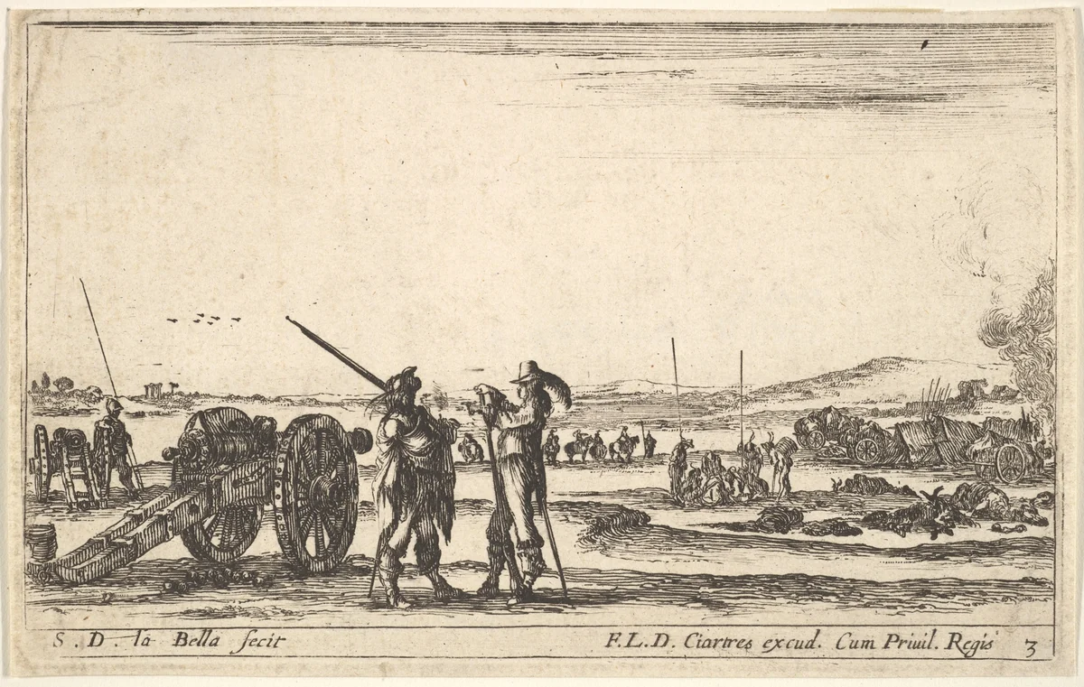 Plate 3: An officer giving orders to a soldier in centre foreground, cannon at left, from "Various Military Caprices" (Varii capricci militari) by Stefano della Bella, print, 1641