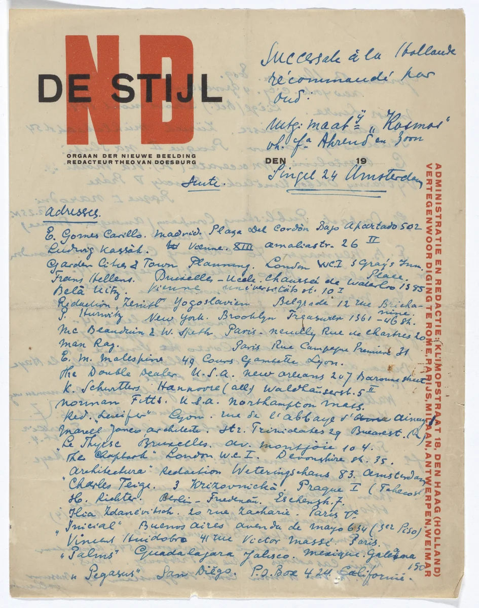 De Stijl NB letterhead (Handwritten list of names and addresses) by Theo van Doesburg, design