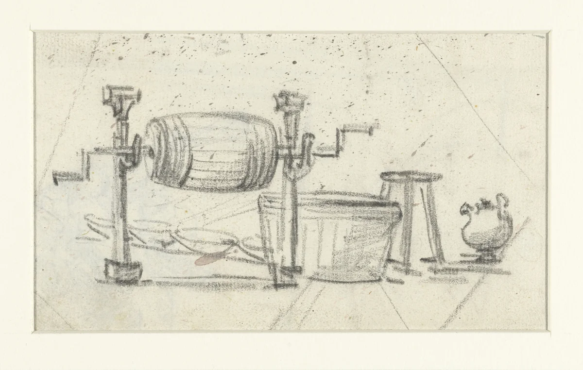 Ton aan een rad, een schemel, kan en bakken by Etienne de Lavallée-Poussin, drawing, 1750-1793
