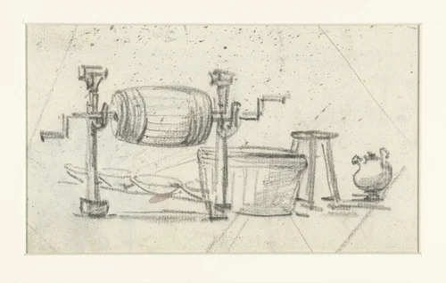 Ton aan een rad, een schemel, kan en bakken by Etienne de Lavallée-Poussin, drawing, 1750-1793