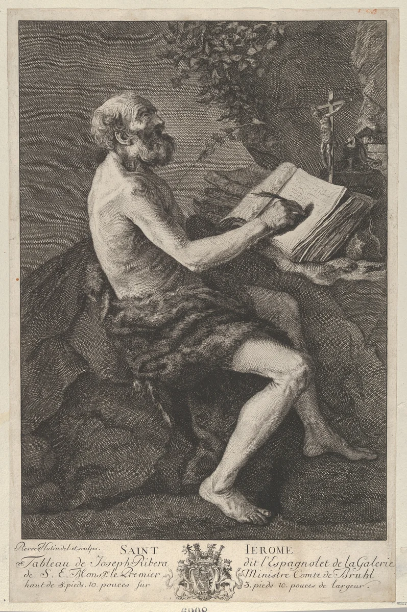 Saint Jerome in the Wilderness, seated, writing and meditating on a crucifix by Pierre Hutin, print, 1730-1763