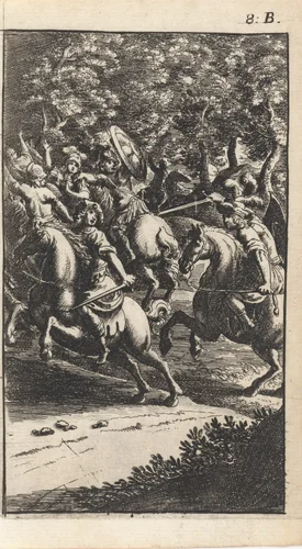 Strijdende soldaten te paard in een bos by Abraham Dircksz. Santvoort, print, 1666