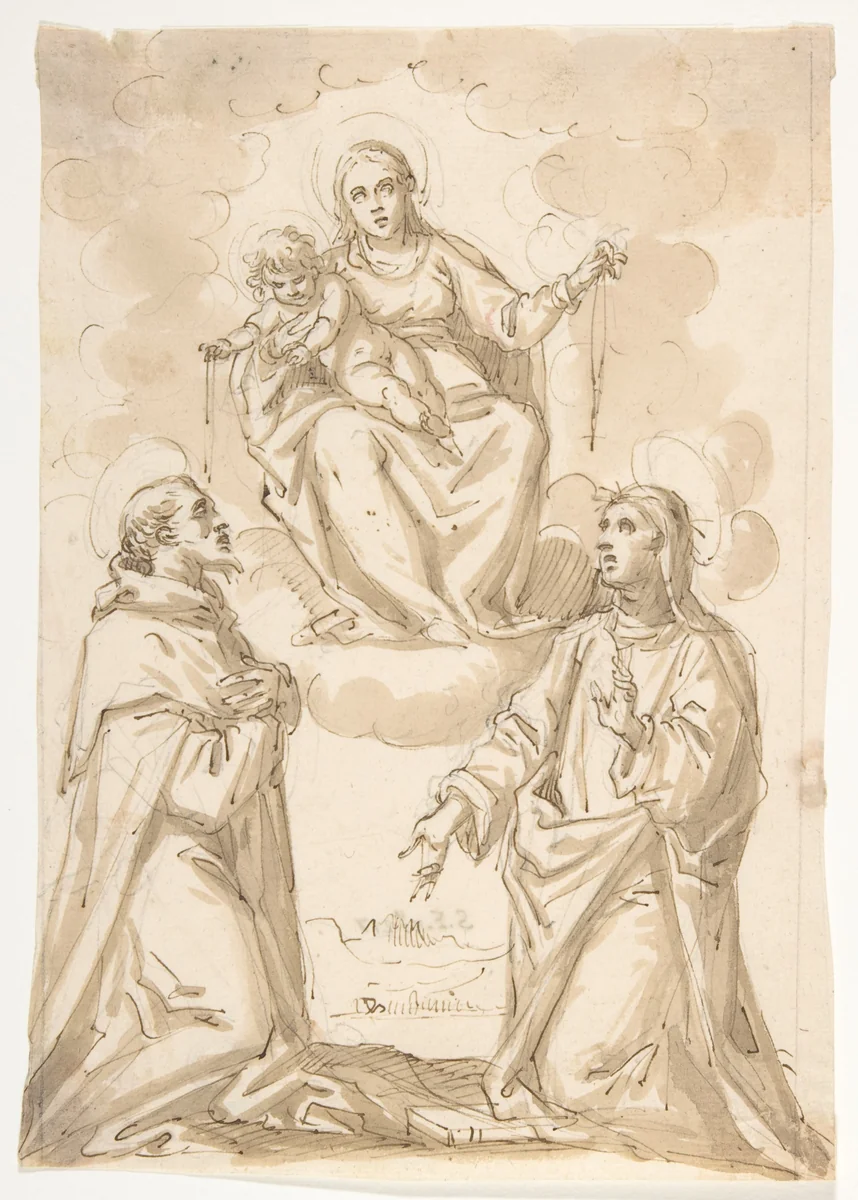 The Virgin and Child with Chaplets Appearing to Saint Dominic and Saint Catherine of Siena by Pietro Mera, drawing, 1570-1639