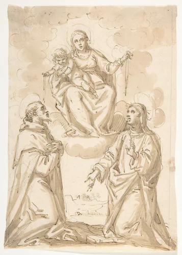 The Virgin and Child with Chaplets Appearing to Saint Dominic and Saint Catherine of Siena by Pietro Mera, drawing, 1570-1639