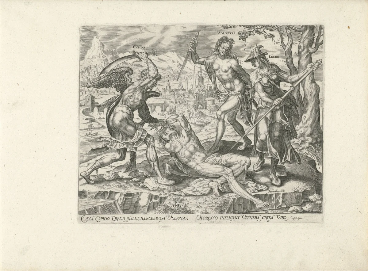De Mens aangevallen door Verlangen, Lust en Zonde by Unknown, print, 1565