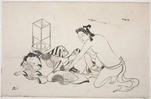 A sheet from a shunga album by Japanese, artwork, 1679