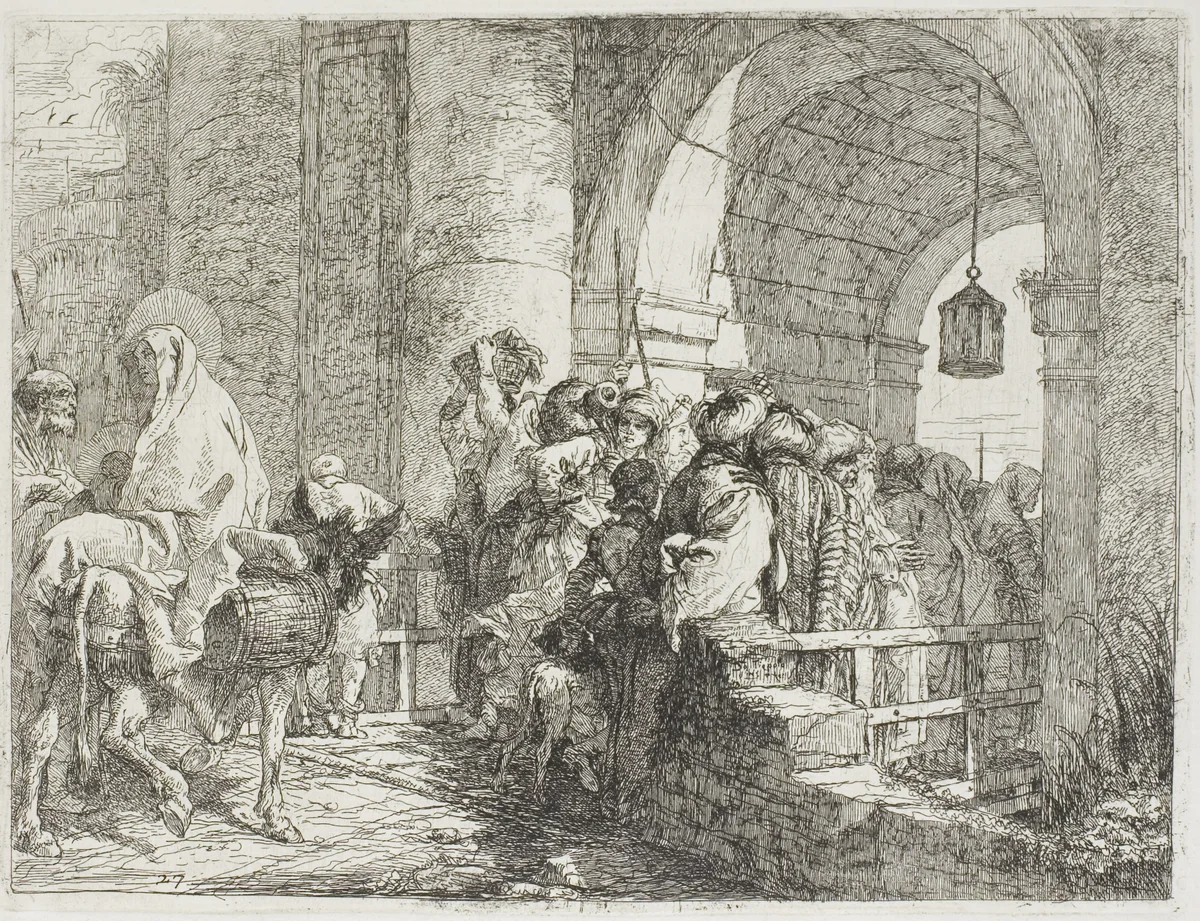 The Holy Family Arriving at a City Gate, plate 27 from The Flight into Eypt by Giovanni Domenico Tiepolo, print, 1753