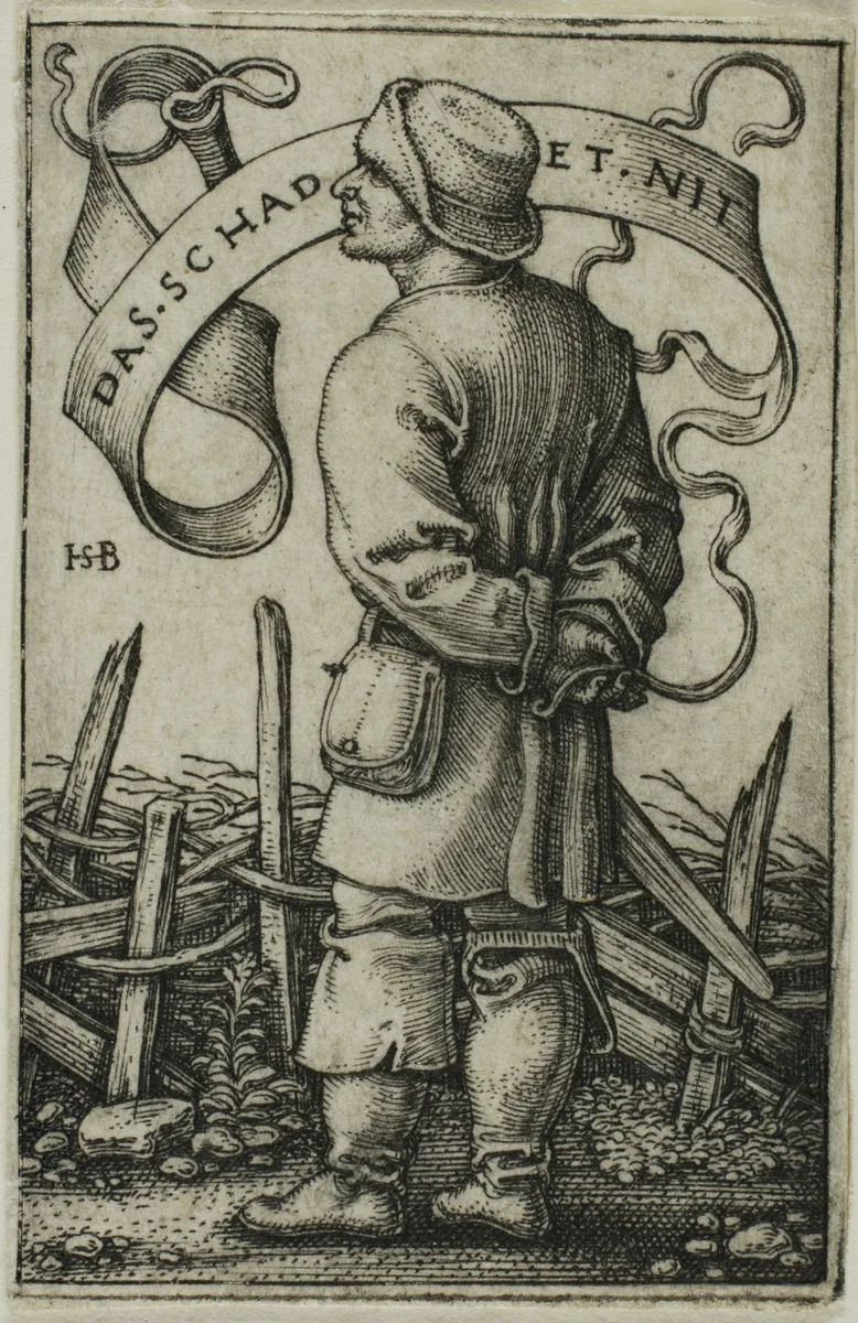 The Weather Peasant "Das Schadet Nit" by Sebald Beham, print, 1537-1547