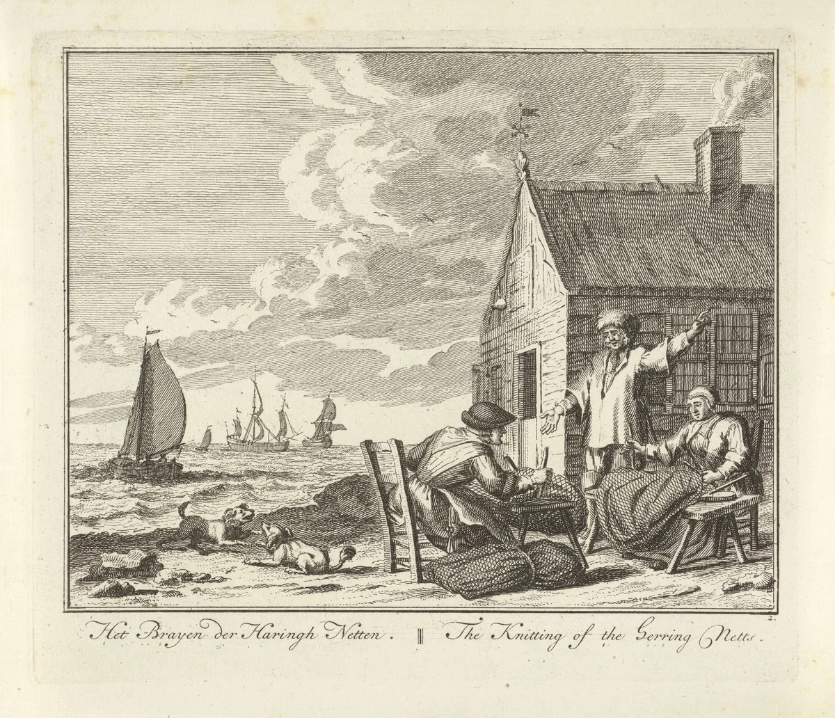 Vervaardigen van visnetten by Adolf van der Laan, print, 1728-1761