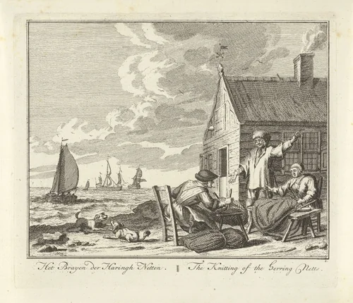 Vervaardigen van visnetten by Adolf van der Laan, print, 1728-1761