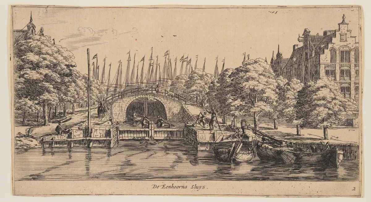 De Eenhorns Sluys, from Views of Amsterdam by Reinier Nooms, print, 1660
