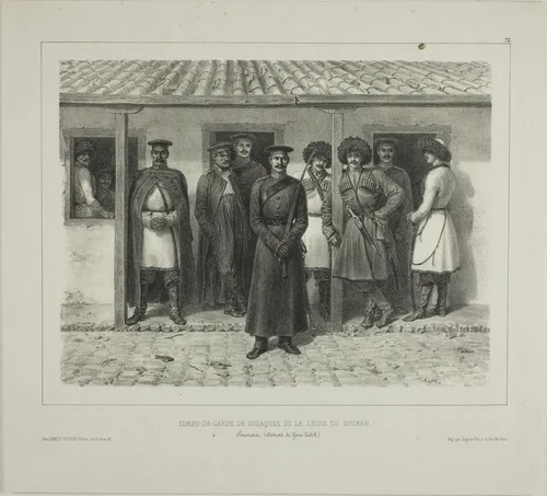 Cossack Bodyguards of the Line, Kuban, Taman, Détroit de Yéni-Kaleb, October 9, 1837 by Denis Auguste Marie Raffet, print, 1846