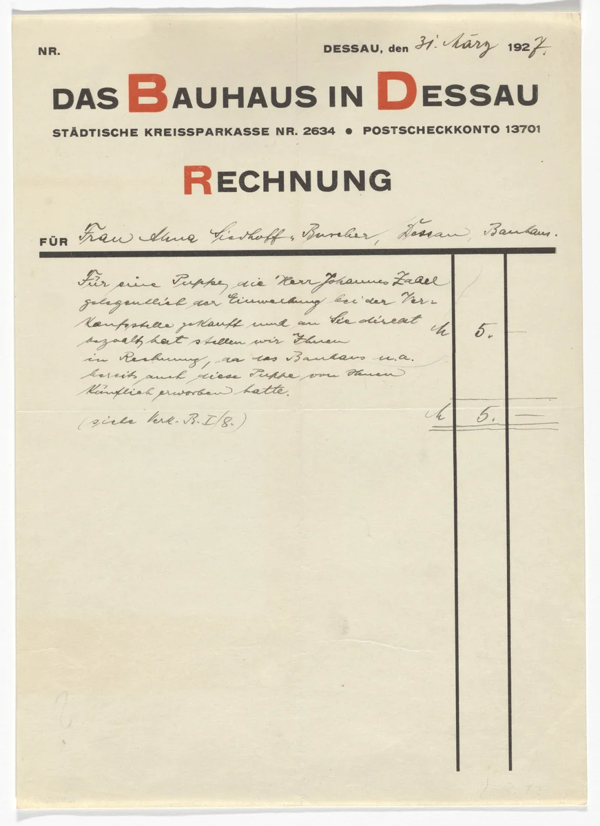 Stationery invoice for Das Bauhaus in Dessau (For sale of a doll by Alma Siedhoff-Buscher) by László Moholy-Nagy, design, 1925