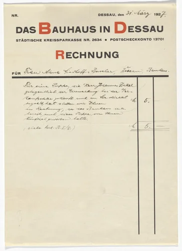 Stationery invoice for Das Bauhaus in Dessau (For sale of a doll by Alma Siedhoff-Buscher) by László Moholy-Nagy, design, 1925