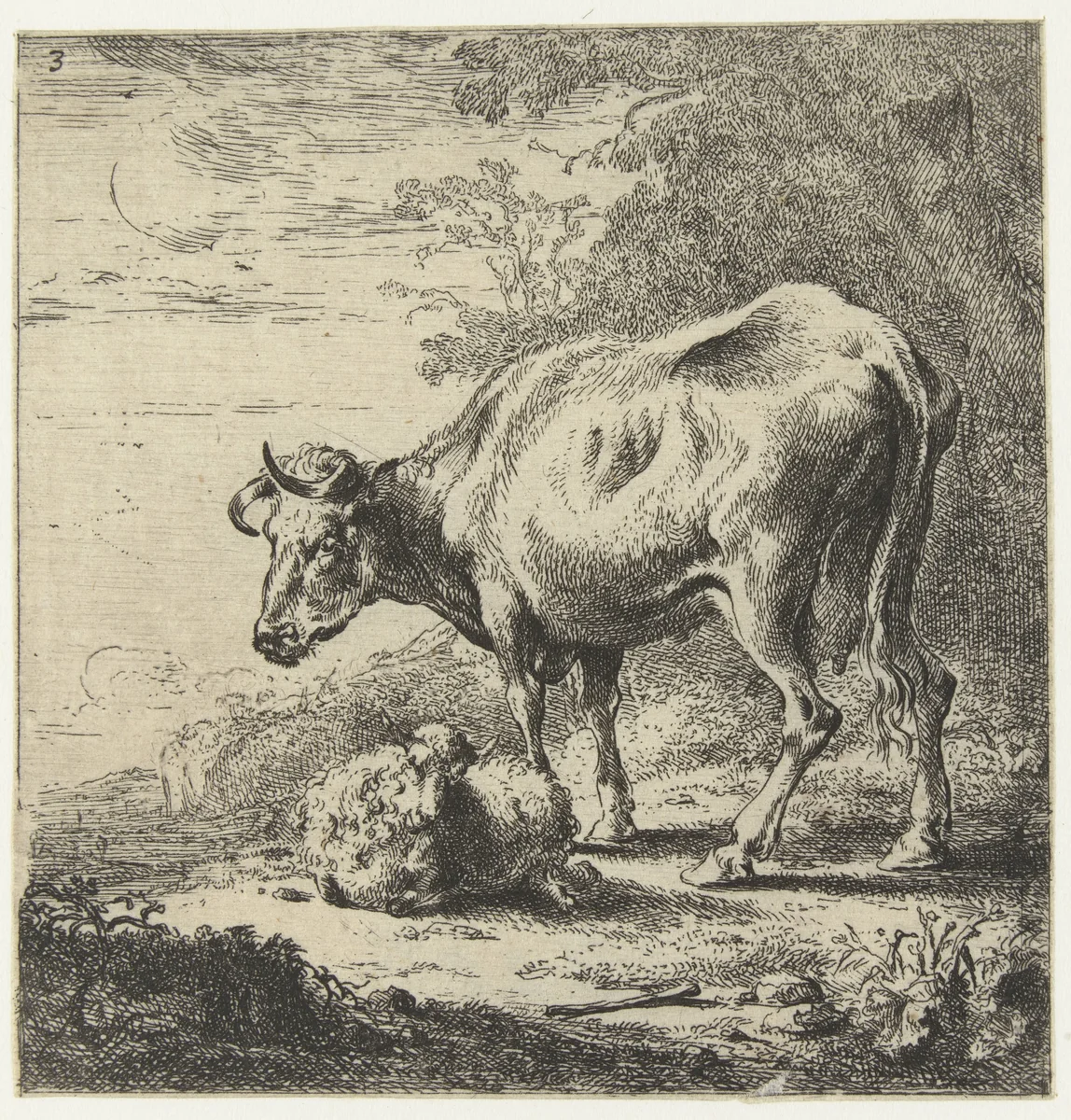 Koe en schaap by Nicolaes Pietersz Berchem, print, 1644