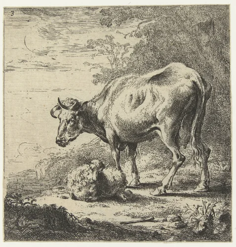 Koe en schaap by Nicolaes Pietersz Berchem, print, 1644